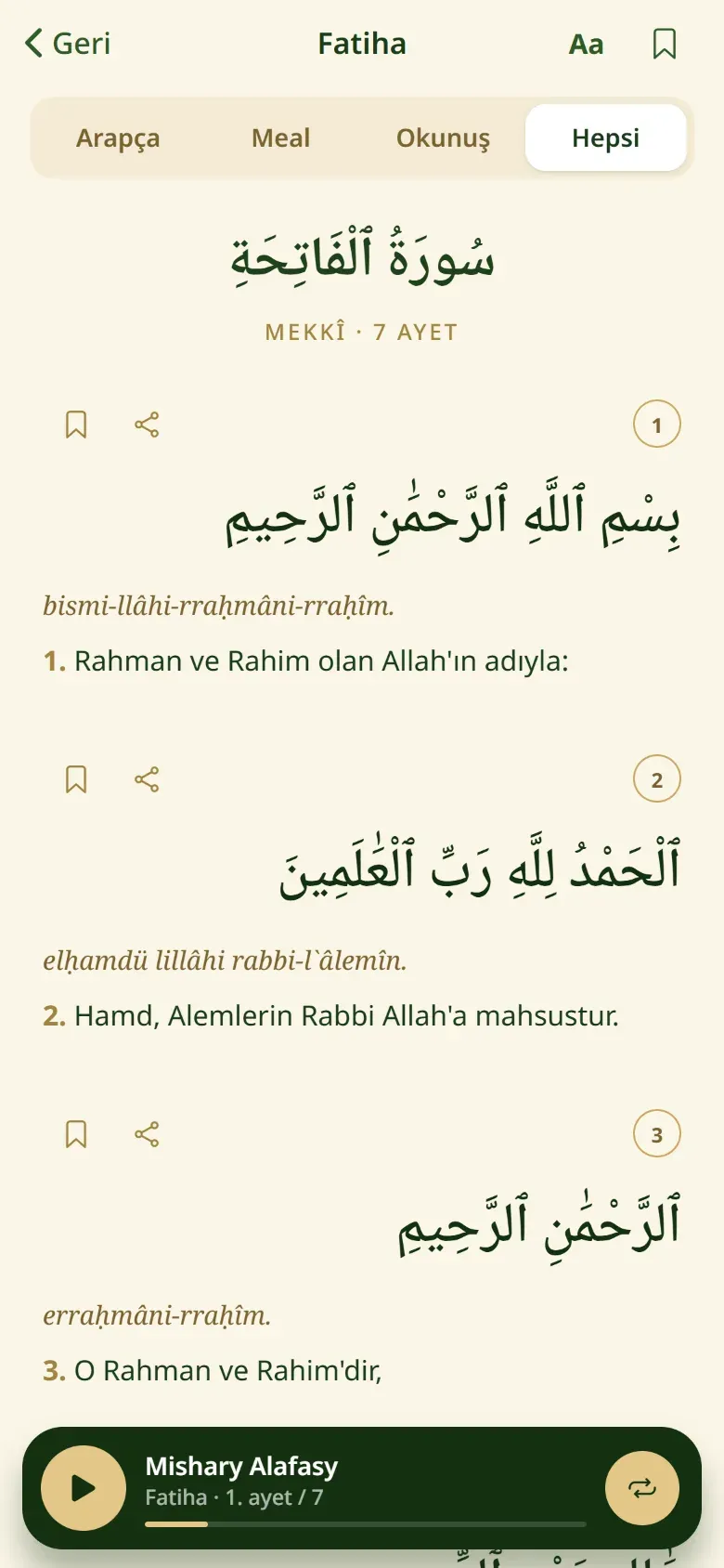 Quran reader: Surah Al-Fatiha in Arabic with transliteration and translation